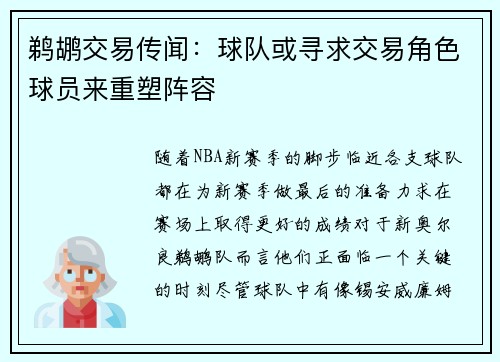 鹈鹕交易传闻：球队或寻求交易角色球员来重塑阵容